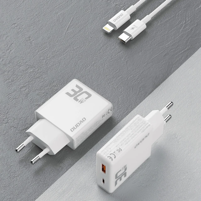 Мережевий зарядний пристрій GaN Dudao A30EUL 30W USB-A / USB-C + кабель USB-C - Lightning White (6976625332816)