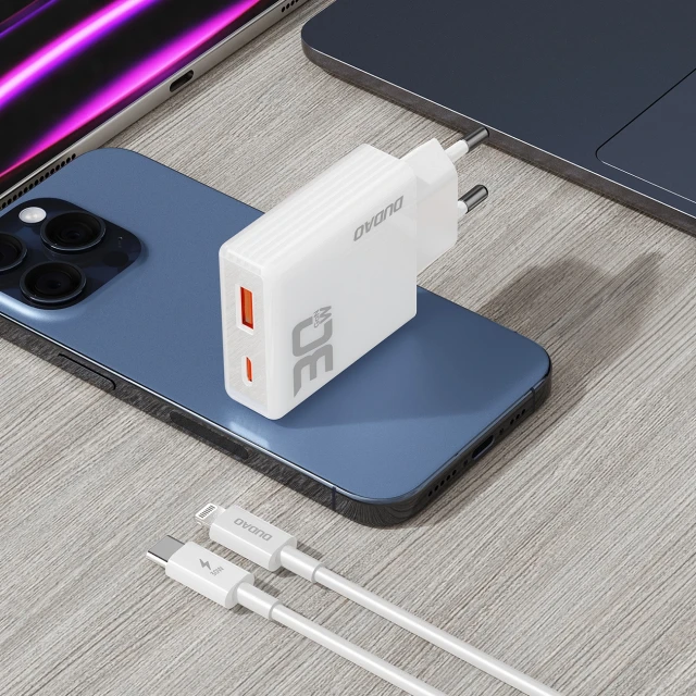 Мережевий зарядний пристрій GaN Dudao A30EUL 30W USB-A / USB-C + кабель USB-C - Lightning White (6976625332816)