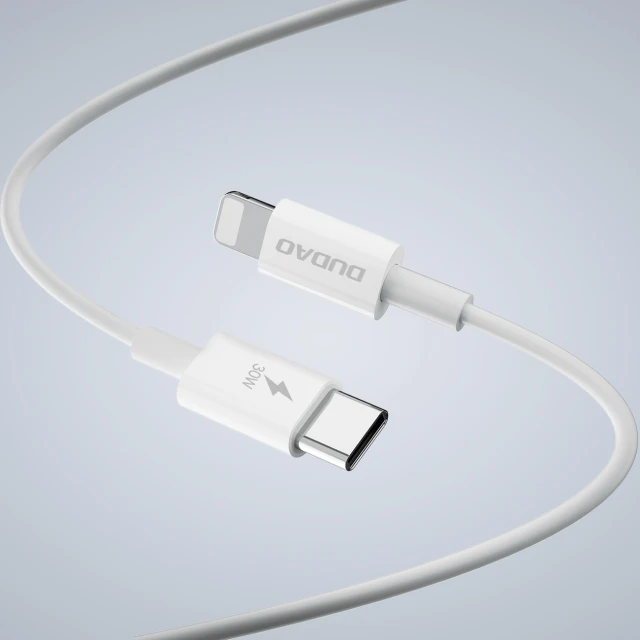 Мережевий зарядний пристрій GaN Dudao A30EUL 30W USB-A / USB-C + кабель USB-C - Lightning White (6976625332816)