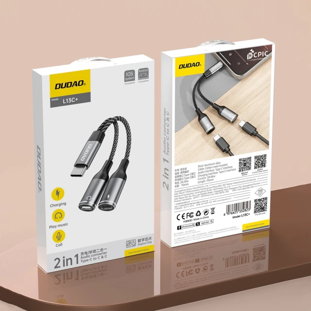 Адаптер Dudao L13C+ 2в1 USB-C Grey (L13C+)