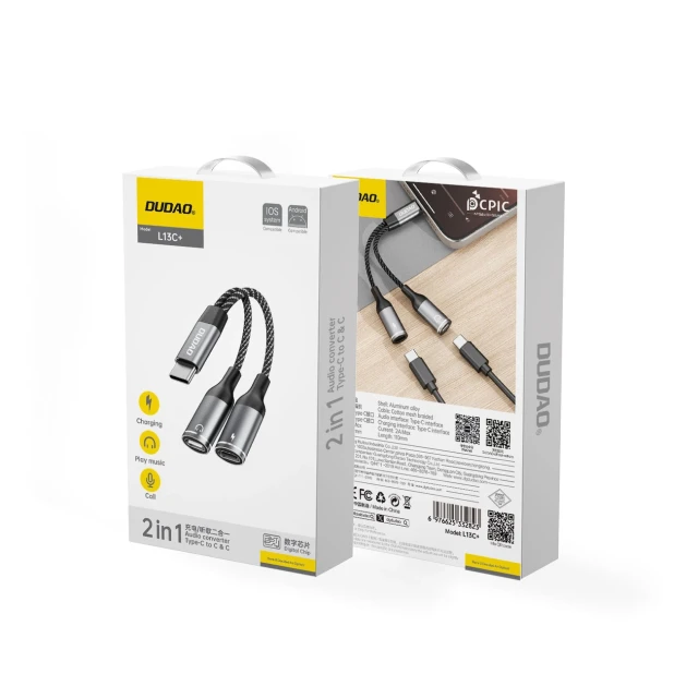 Адаптер Dudao L13C+ 2в1 USB-C Grey (L13C+)