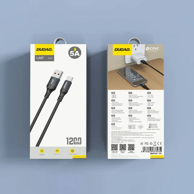 Кабель Dudao L3ST USB-A - USB-C 5A 1.2m Black (6976625333035)