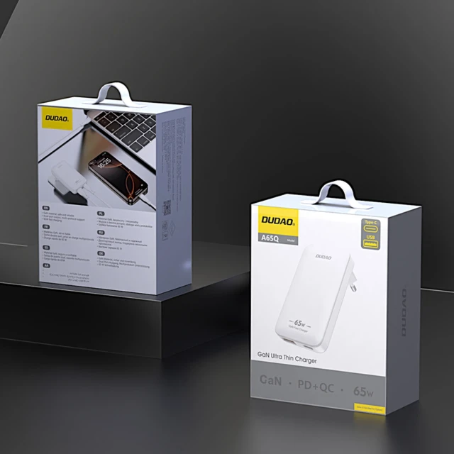 Зарядний пристрій GaN Dudao A65Q 65W USB-A / USB-C PD ультратонкий White (6976625333851)