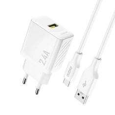 Мережевий зарядний пристрій Dudao A23TEU 2.4A GaN USB-A з кабелем USB-A - USB-C White (6976625334001)