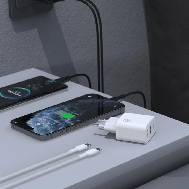 Мережевий зарядний пристрій Dudao A26TCEU PD QC 25W GaN USB-A USB-C з кабелем USB-C Білий (6976625334094)