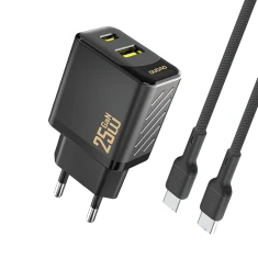 Мережевий зарядний пристрій Dudao A26TCEU PD QC 25W GaN USB-A USB-C з кабелем USB-C Black (6976625334117)