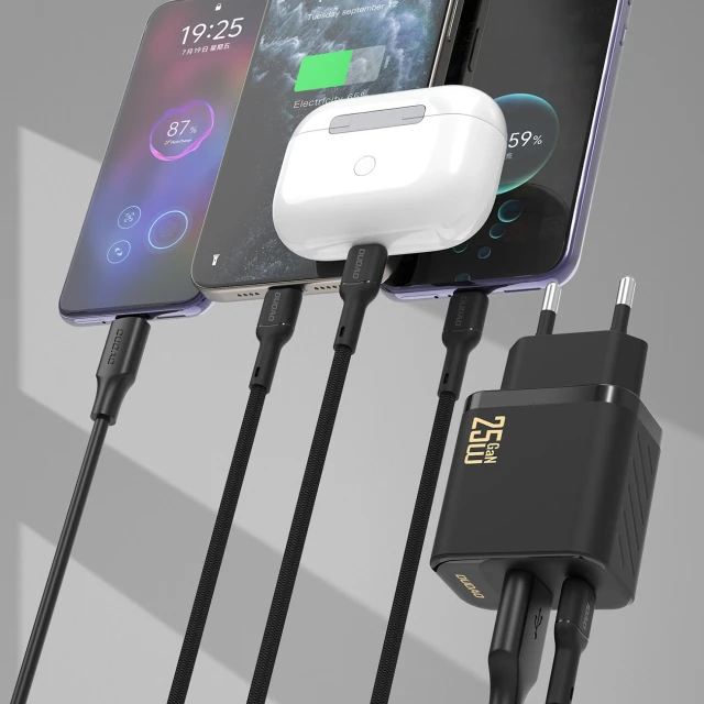 Мережевий зарядний пристрій Dudao A26TCEU PD QC 25W GaN USB-A USB-C з кабелем USB-C Black (6976625334117)