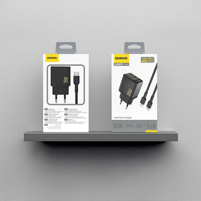 Мережевий зарядний пристрій Dudao A26TCEU PD QC 25W GaN USB-A USB-C з кабелем USB-C Black (6976625334117)