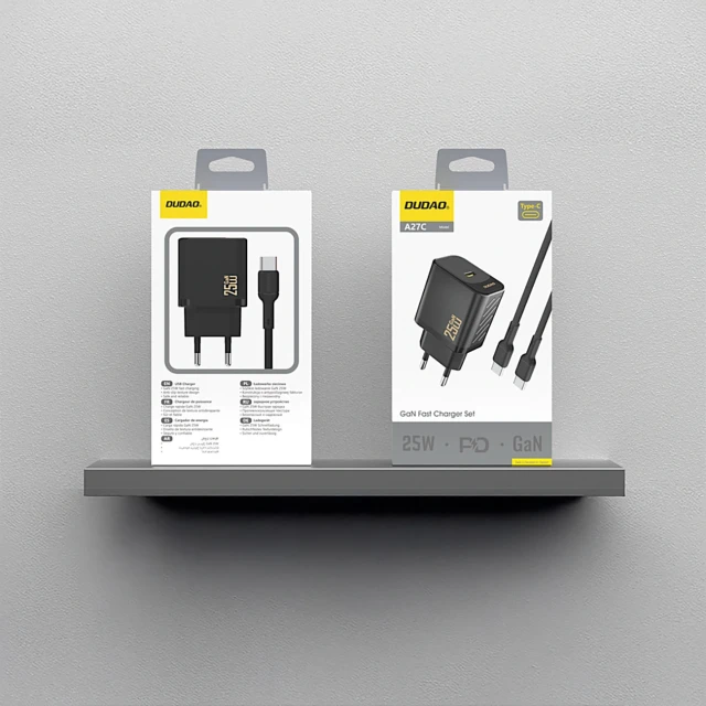 Мережевий зарядний пристрій Dudao A27CEU PD 25W GaN USB-C з кабелем USB-C чорний (6976625334155)