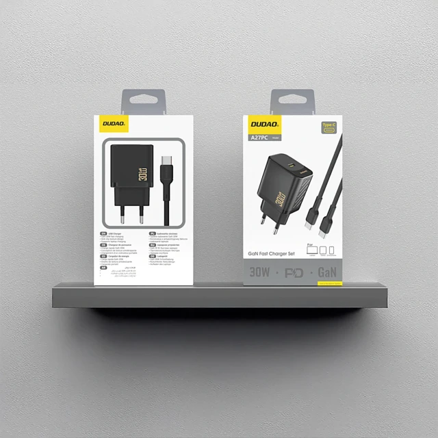 Мережевий зарядний пристрій Dudao A27PCEU PD 30W GaN USB-C з кабелем USB-C чорний (6976625334193)