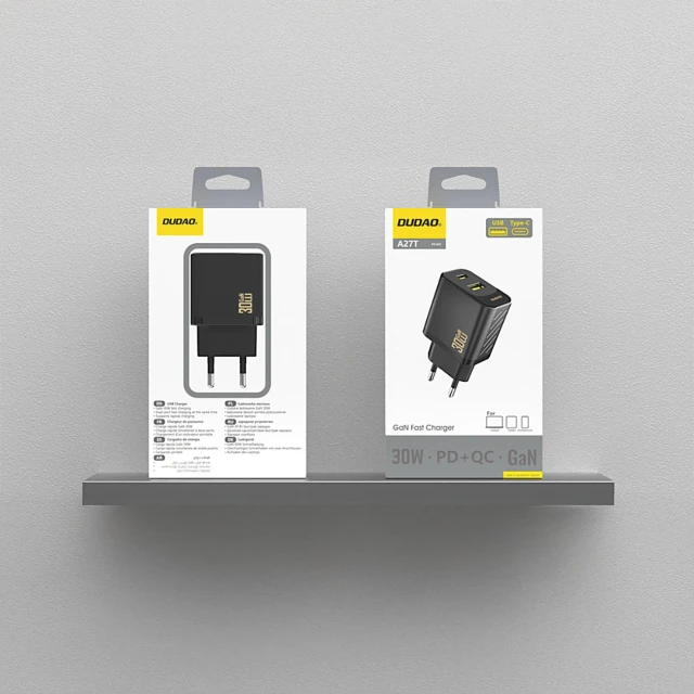 Мережевий зарядний пристрій Dudao A27TEU PD 30W GaN USB-A USB-C Чорний (6976625334216)