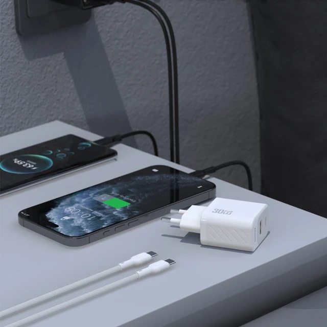 Мережевий зарядний пристрій Dudao A27TCEU PD 30W GaN USB-A USB-C з кабелем USB-C білий (6976625334223)