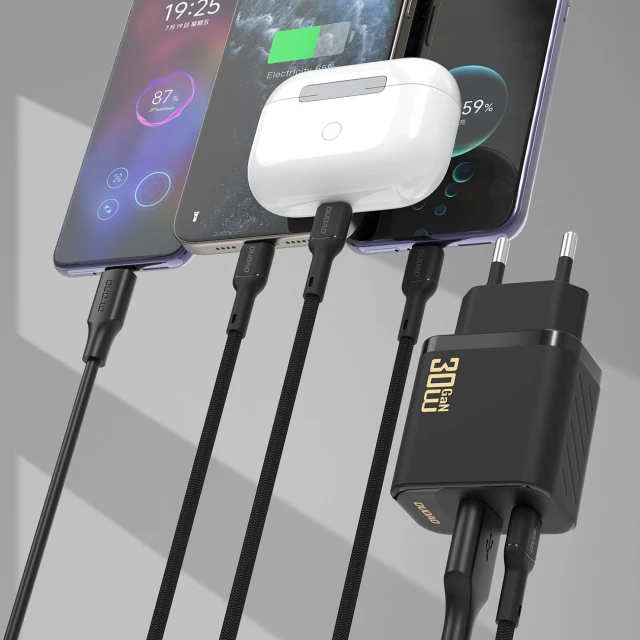 Мережевий зарядний пристрій Dudao A27TCEU PD 30W GaN USB-A USB-C з кабелем USB-C Чорний (6976625334230)