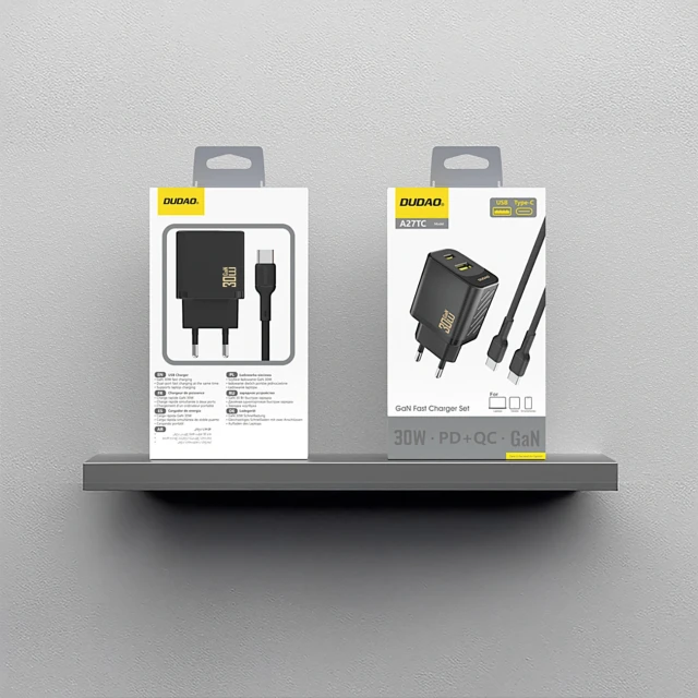 Мережевий зарядний пристрій Dudao A27TCEU PD 30W GaN USB-A USB-C з кабелем USB-C Чорний (6976625334230)