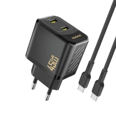 Мережевий зарядний пристрій Dudao A28PCEU PD 45W GaN 2xUSB-C з кабелем USB-C Чорний (6976625334315)