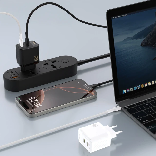 Мережевий зарядний пристрій Dudao A28PCEU PD 45W GaN 2xUSB-C з кабелем USB-C Чорний (6976625334315)