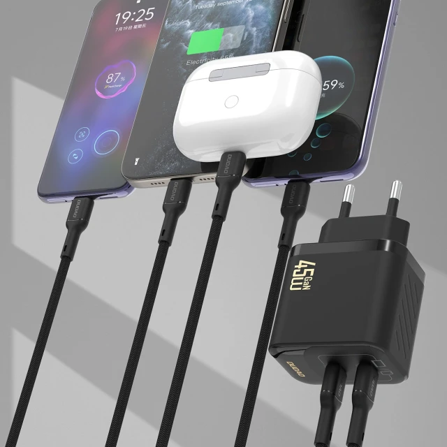 Мережевий зарядний пристрій Dudao A28PCEU PD 45W GaN 2xUSB-C з кабелем USB-C Чорний (6976625334315)