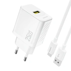 Мережевий зарядний пристрій Dudao A27STEU 25W GaN USB-A з кабелем USB-A - USB-C White (6976625334872)