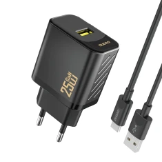 Мережевий зарядний пристрій Dudao A27STEU 25W GaN USB-A з кабелем USB-A - USB-C чорний (6976625334889)