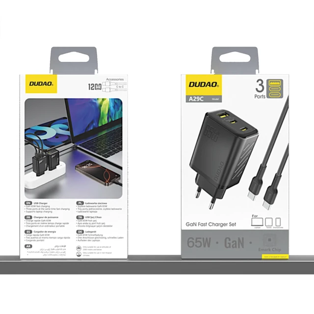 Мережевий зарядний пристрій Dudao A29C 65W GaN Чорний + кабель USB-C (A29C_Black)
