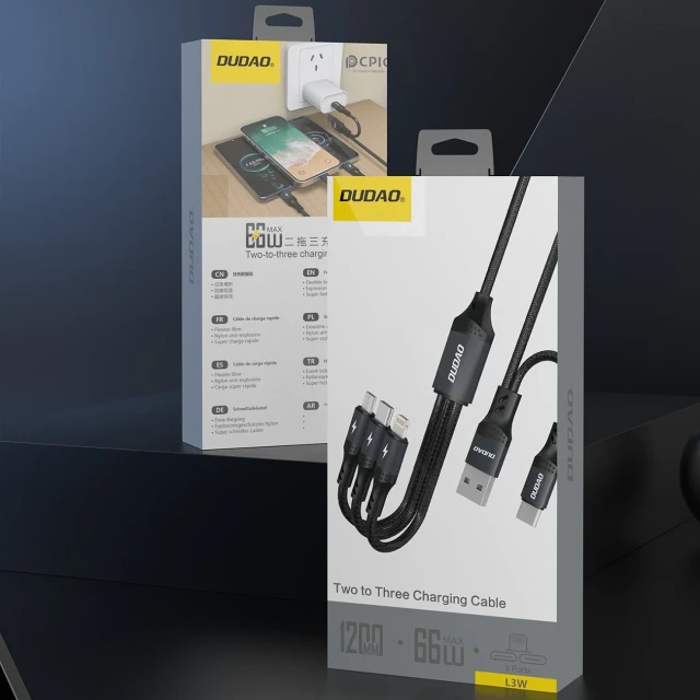 Кабель Dudao L3W USB-A/USB-C до Lightning/USB-C/MicroUSB 66W Black (L3W black)