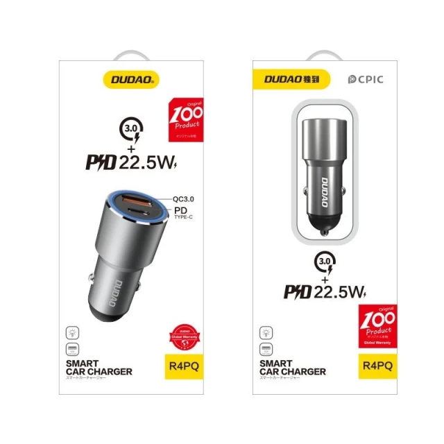 Автозарядний пристрій Dudao R4PQ USB/USB Type-C швидка зарядка 22,5 Вт Grey (6976625335732)