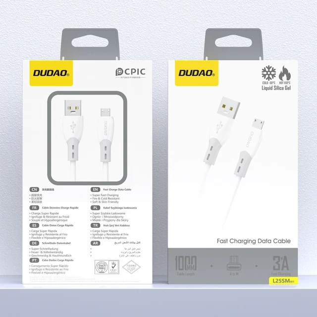 Кабель Dudao L25SM 3A USB-A - micro USB з м'яким силіконовим оплетенням 1m White (6976625336340)