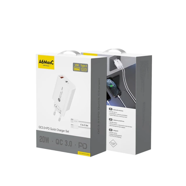 Мережевий зарядний пристрій Hurtel A6MaxL 20W USB-A USB-C з кабелем USB-C - USB-C 1m White (6977196680184)