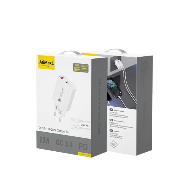 Мережевий зарядний пристрій Hurtel A6MaxL 20W USB-A USB-C з кабелем USB-C - Lightning 1m White (6977196680191)