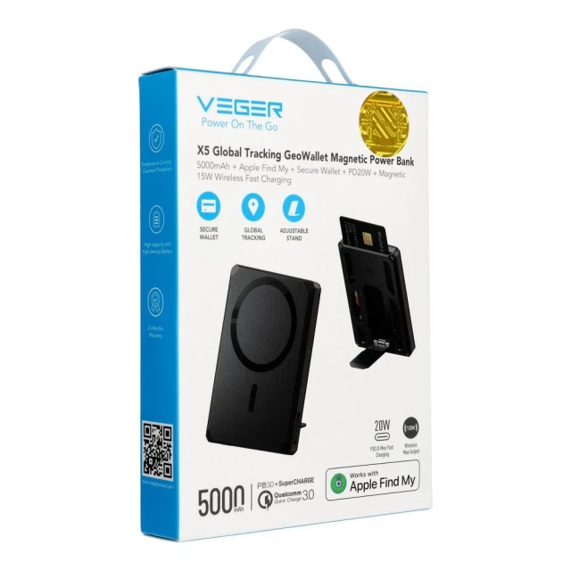 Powerbank Veger Wallet Tracker MFi PD 20W 5000 mAh Black (6977525750342)