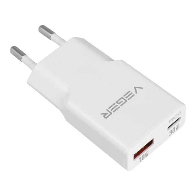Сетевое зарядное устройство Veger 30W1A1C USB A + USB C QC PD 30W White (6977525751172)