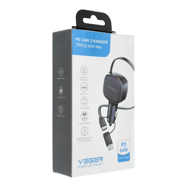 Автомобільна зарядка Veger CC89 USB C + кабель USB C / Lightning QC PD 84W Black (6977525751202)