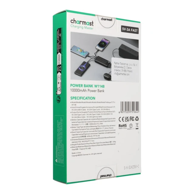 Powerbank Charmast W1148 10000 mAh з вбудованими кабелями USB A/USB C/Lightning/Micro USB Black (6977525751844)