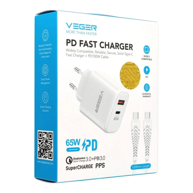 Зарядний пристрій Veger TR67 USB-A + USB-C PD QC3.0 65W + кабель USB-C to USB-C White (6977525752469)
