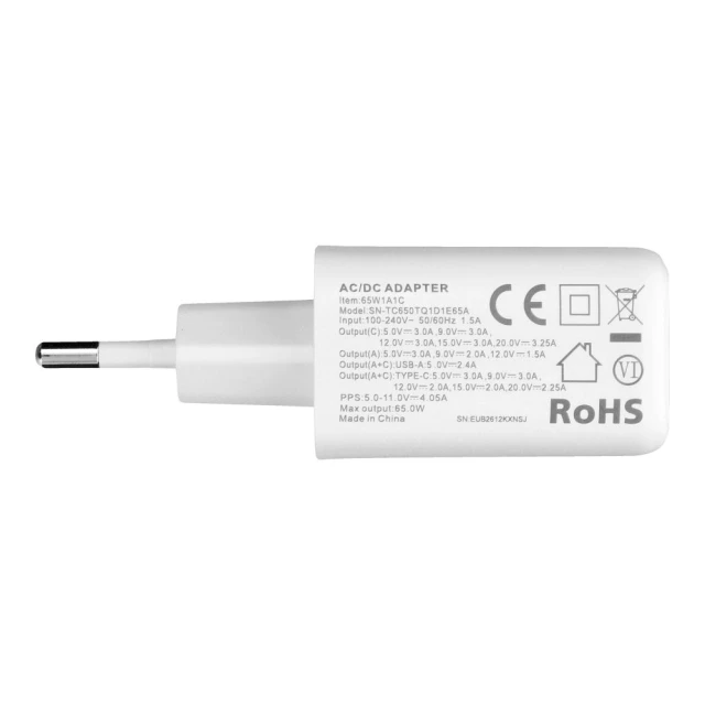Зарядний пристрій Veger TR67 USB-A + USB-C PD QC3.0 65W + кабель USB-C to USB-C White (6977525752469)