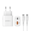 Мережевий зарядний пристрій Veger TR101 USB A + USB C PD Super Charge PPS 45W + кабель USB C до C 100W White (6977525752629)