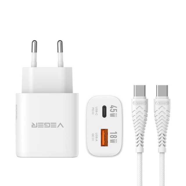 Мережевий зарядний пристрій Veger TR101 USB A + USB C PD Super Charge PPS 45W + кабель USB C до C 100W White (6977525752629)