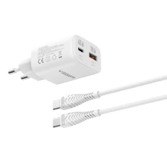Мережевий зарядний пристрій Veger TR101 USB A + USB C PD Super Charge PPS 45W + кабель USB C до C 100W White (6977525752629)