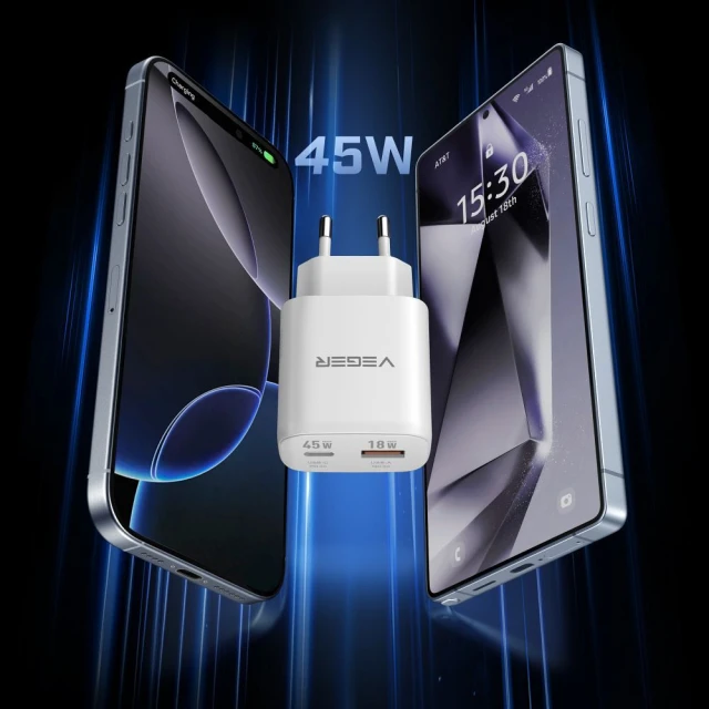 Мережевий зарядний пристрій Veger TR101 USB A + USB C PD Super Charge PPS 45W + кабель USB C до C 100W White (6977525752629)