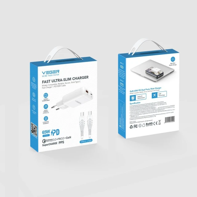 Мережевий зарядний пристрій Veger USB A + Type C PD 65W White (6977525753206)