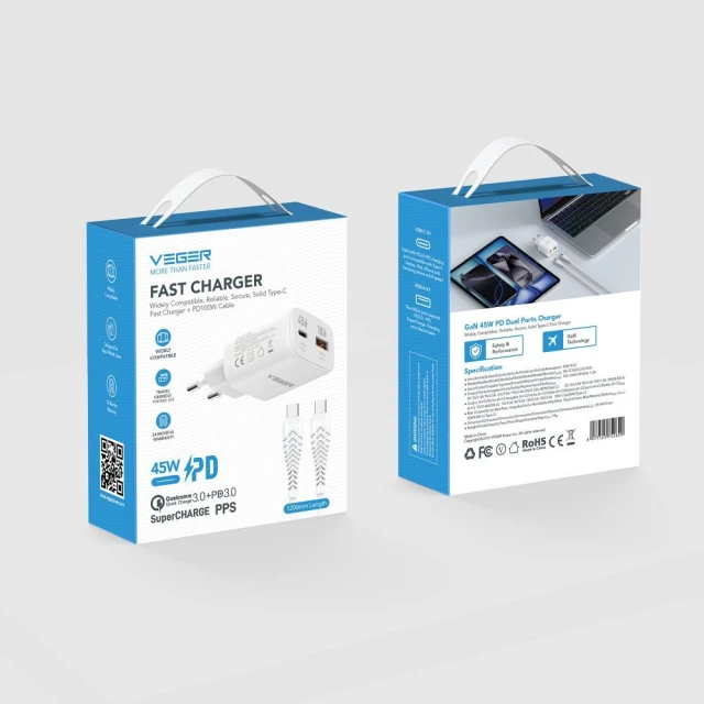 Зарядний пристрій Veger TR121 USB A + USB C PD 45W + кабель USB C to C 100W White (6977525753213)