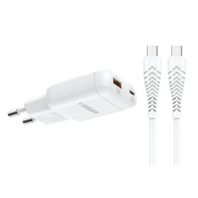 Зарядний пристрій Veger TR121 USB A + USB C PD 45W + кабель USB C to C 100W White (6977525753213)