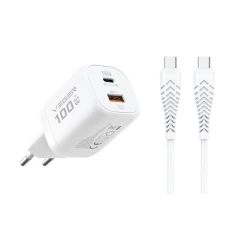 Мережевий зарядний пристрій Veger TR150 USB A + USB C PD Super Charge PPS 100W + кабель USB C до C 240W White (6977525753244)