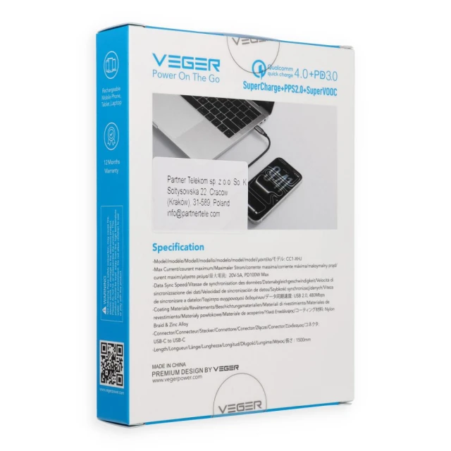 Кабель з LED-дисплеєм USB-C to USB-C Veger PD 5A 100W 1.5m CC1-XHJ Black (6977525753336)