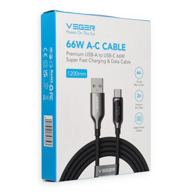 Кабель з LED дисплеєм USB A to USB C Veger PD 3A 66W 1.2 м Black (6977525753343)
