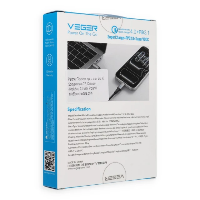 Кабель с LED-индикатором USB-C to USB-C Veger PD 5A 240W 1.5m CC2-ZSD Black (6977525753404)