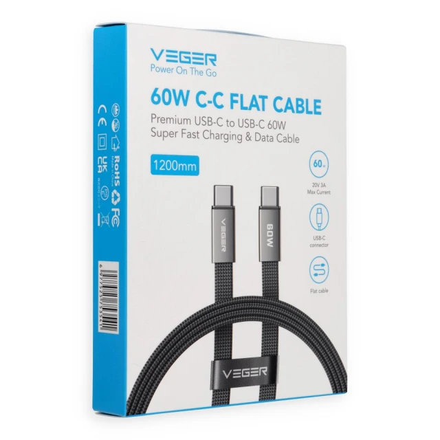 Кабель Veger CC06-MTB USB-C to USB-C PD 3A 60W 1.2m Black (6977525753541)