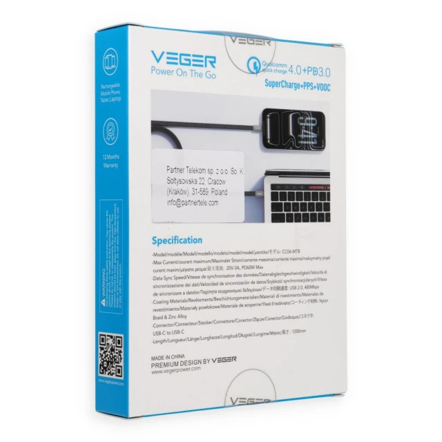 Кабель Veger CC06-MTB USB-C to USB-C PD 3A 60W 1.2m Black (6977525753541)