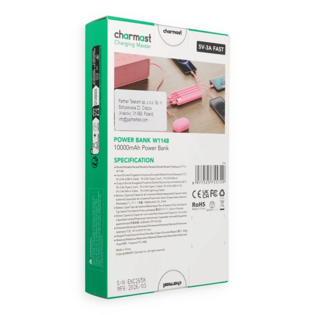 Powerbank Charmast W1148 10000 mAh з вбудованими кабелями USB A/USB C/Lightning/Micro USB Pink (6977525755729)