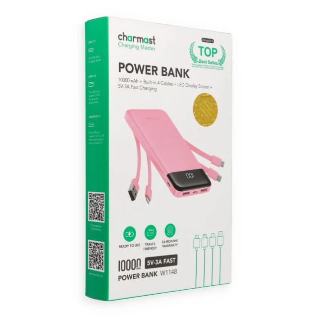 Powerbank Charmast W1148 10000 mAh з вбудованими кабелями USB A/USB C/Lightning/Micro USB Pink (6977525755729)